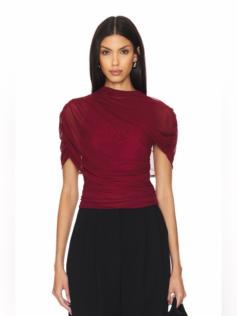 NEVER WORN***Amanda Uprichard Wine Red Ruched Draped Short Sleeve Top